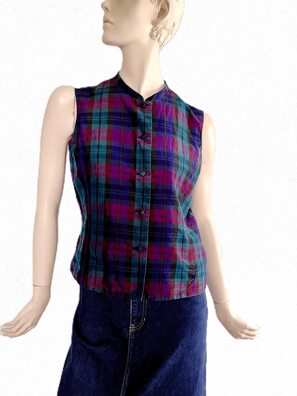 Talbots Purple & Teal Plaid Silk Sleeveless Shirt